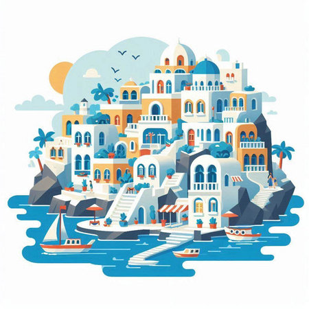 Santorini island, Greece. Vector illustration in flat styleのイラスト素材