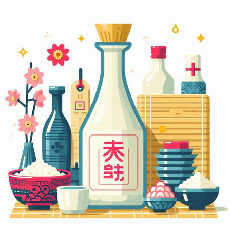 Japanese sake and japanese food set. Vector illustration in cartoon style.のイラスト素材