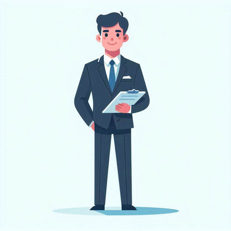 Businessman with clipboard. Vector illustration in a flat style. Businessman in a suit.のイラスト素材