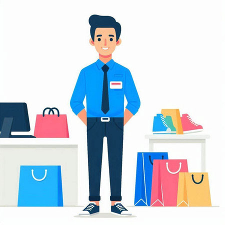 Vector illustration of a young man in a blue shirt and tie with shopping bags.のイラスト素材