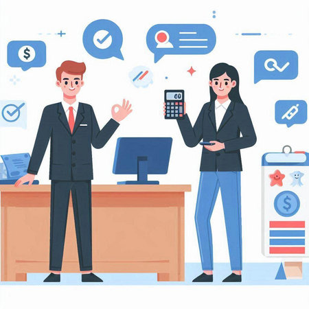 Businessman and businesswoman standing at office desk. Vector flat illustrationのイラスト素材