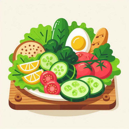 Salad with cucumber, tomato, lettuce and egg. Vector illustrationのイラスト素材