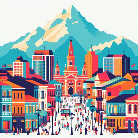 Mountain town with people walking on the street. Vector illustration.のイラスト素材