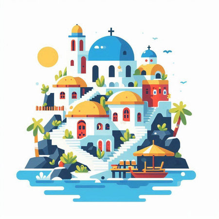 Vector illustration of the island of Santorini in Greece. Flat style.のイラスト素材