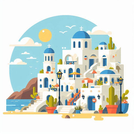 Santorini island. Greece. Vector illustration in flat styleのイラスト素材