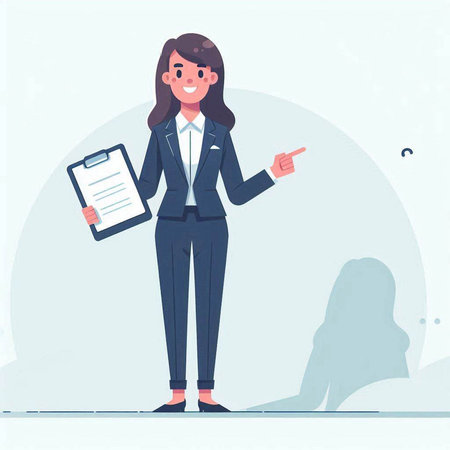 Businesswoman holding clipboard and pointing finger at something. Vector illustration.のイラスト素材
