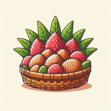 Strawberry fruit in a wicker basket. Vector illustration.のイラスト素材