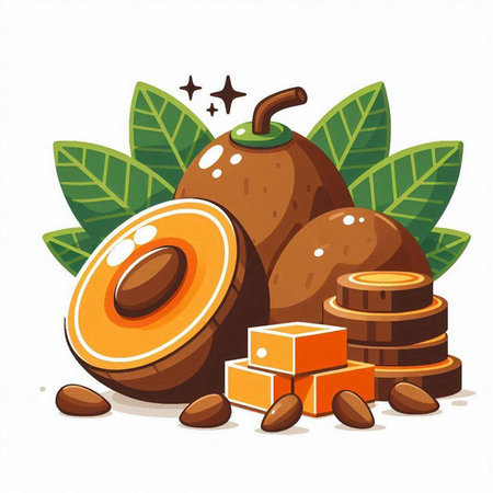 Fresh kiwi fruits with leaves and cubes. Vector illustration.のイラスト素材