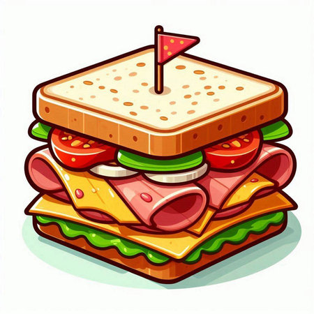 Sandwich with ham, cheese, tomato and lettuce. Vector illustration.のイラスト素材