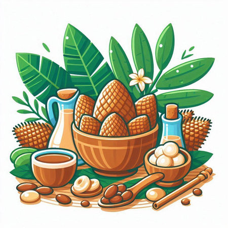 Vector illustration of a set of different types of oil in a wooden bowl, oil bottles, macadamia nuts, palm leaves and flowers on a white background.のイラスト素材