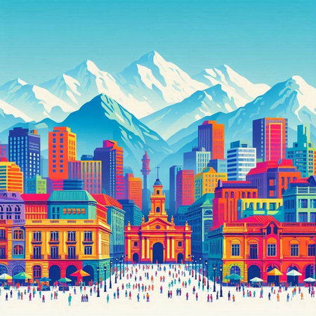 Vector illustration of people walking in the center of the old town with snow-capped mountainsのイラスト素材