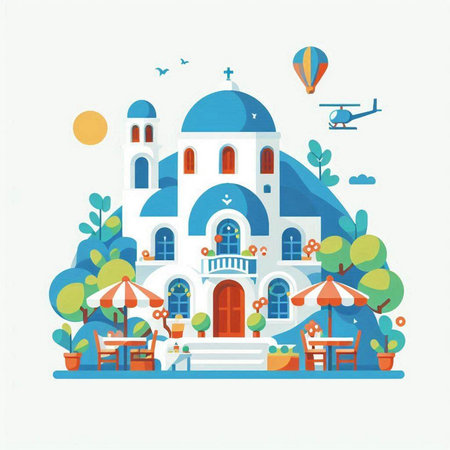 Vector illustration of a beautiful blue church with blue domes in the parkのイラスト素材