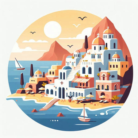 Santorini island in Greece. Vector illustration in flat styleのイラスト素材
