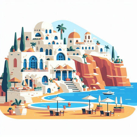 Santorini, Greece. Colorful hand drawn vector illustration.のイラスト素材
