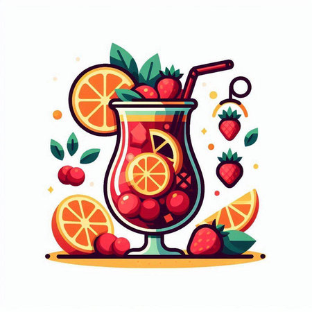 Fruit cocktail with orange, strawberry, lemon, grapefruit and ice. Vector illustrationのイラスト素材