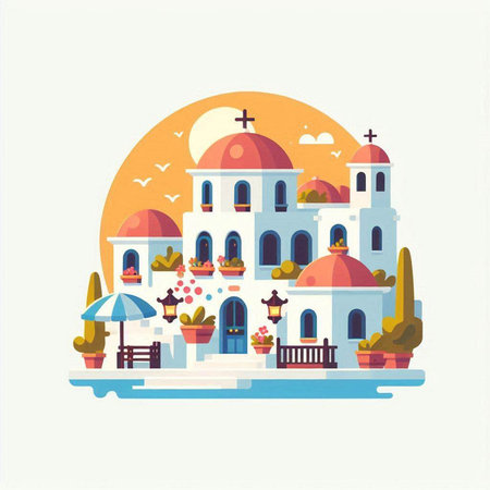 Colorful vector illustration of Santorini, Greece in flat style.のイラスト素材