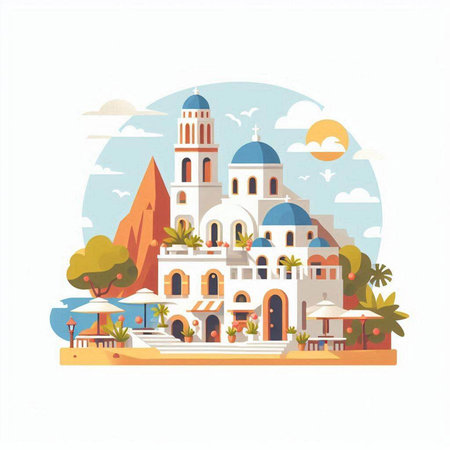 Orthodox church in Santorini island, Greece. Vector illustrationのイラスト素材