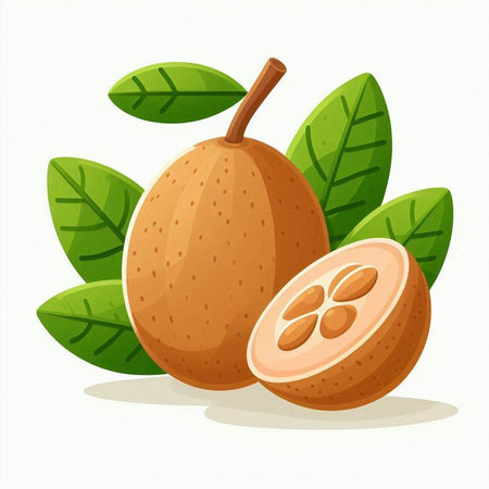 Whole and half of Sapodilla fruit with green leaves. Vector illustration.のイラスト素材