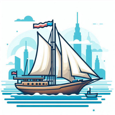 Sailing boat in the city. Vector illustration in flat style.のイラスト素材