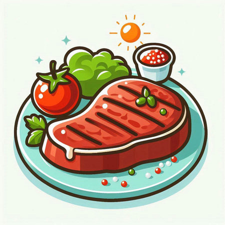 Steak on a plate with vegetables and sauce. Vector illustration.のイラスト素材