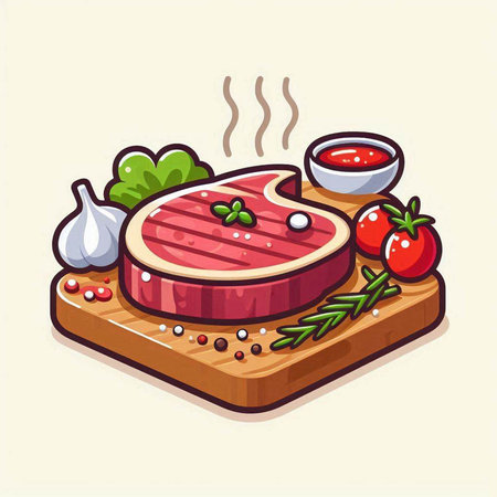Steak on cutting board with vegetables and spices. Vector illustration.のイラスト素材