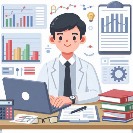 Businessman working with laptop at office desk. Vector illustration in flat styleのイラスト素材