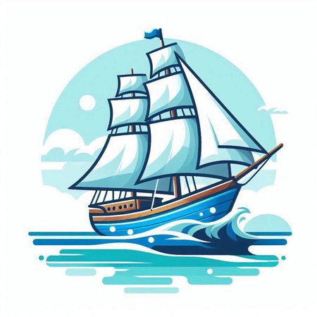 Sailing ship with sails in the sea. Vector illustration on white background.のイラスト素材