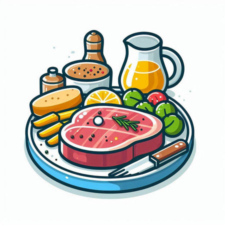 Steak with ingredients for cooking. Vector illustration in cartoon style.のイラスト素材
