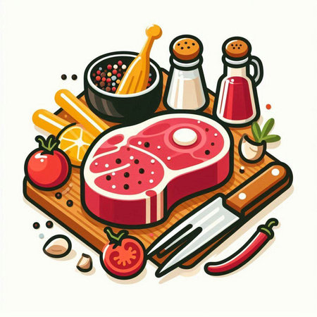 Steak with spices and vegetables on cutting board. Vector illustration.のイラスト素材