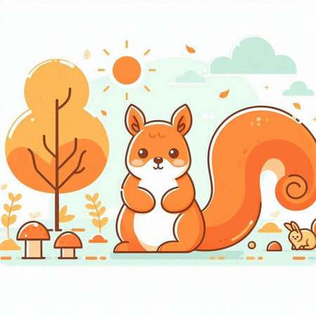 Cute squirrel sitting on the ground in the autumn park. Vector illustration.のイラスト素材