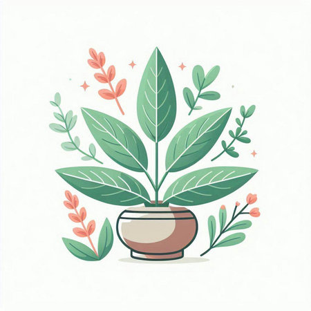 Flower pot with leaves and branches. Hand drawn vector illustration.のイラスト素材
