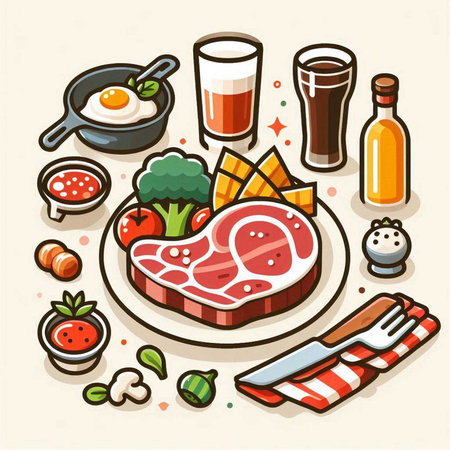 Steak and vegetables on plate. Vector illustration in cartoon style.のイラスト素材