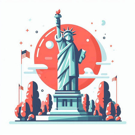Statue of Liberty and USA flag. Flat style vector illustration.のイラスト素材
