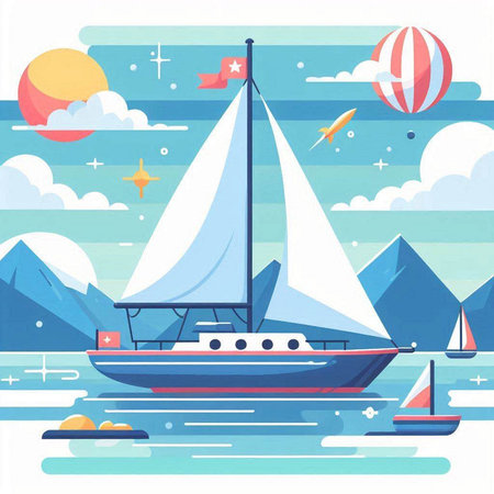 Sailing boat on the sea. Vector illustration in flat style.のイラスト素材