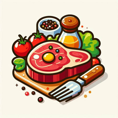 Steak icon. Vector illustration of a piece of meat with vegetables and spices.のイラスト素材