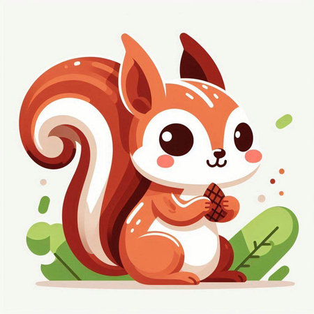 Cute squirrel sitting on the grass and eating ice cream. Vector illustration.のイラスト素材