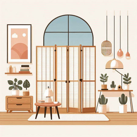 Interior design of Japanese room in modern style. Vector illustration.のイラスト素材