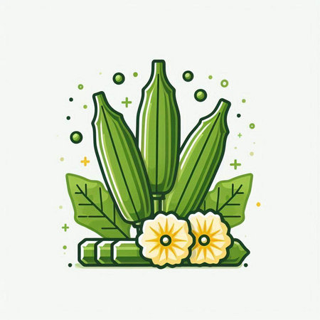 Illustration of Okra and daisy flowers. Hand drawn vector illustration.のイラスト素材