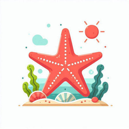 Sea star on the seashore. Vector illustration in flat styleのイラスト素材
