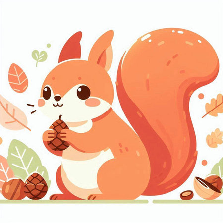 Cute squirrel with acorns in autumn forest. Vector illustration.のイラスト素材