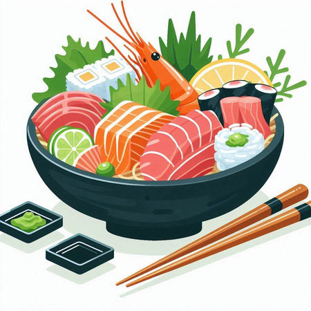 Illustration of a Japanese Sushi Bowl with Shrimps, Salmon and Eelのイラスト素材