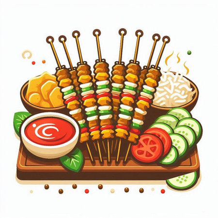 Vector illustration of shish kebab on skewers with vegetablesのイラスト素材