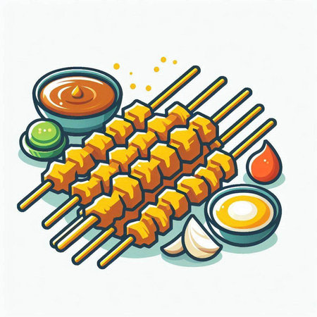 Illustration of grilled pork on skewers with sauce and mayonnaiseのイラスト素材