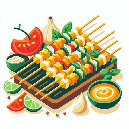 Illustration of grilled vegetables on wooden skewers. Vector illustration.のイラスト素材