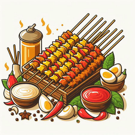 Illustration of grilled shish kebab on skewers.のイラスト素材
