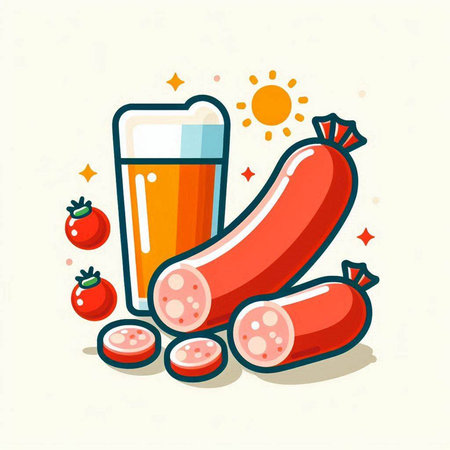 Sausages and a glass of beer. Vector flat illustration.のイラスト素材