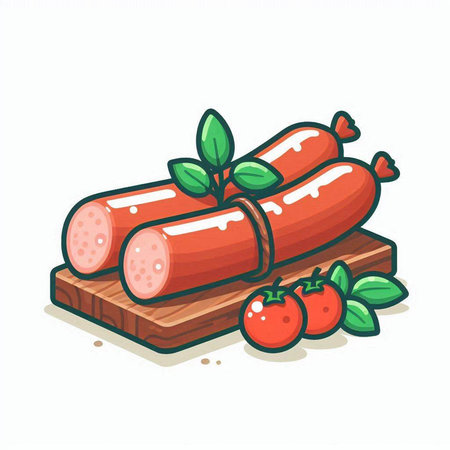Sausage on a wooden board with tomatoes. Vector illustration.のイラスト素材