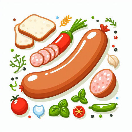 Sausage icon with vegetables and bread. Vector illustration in cartoon styleのイラスト素材