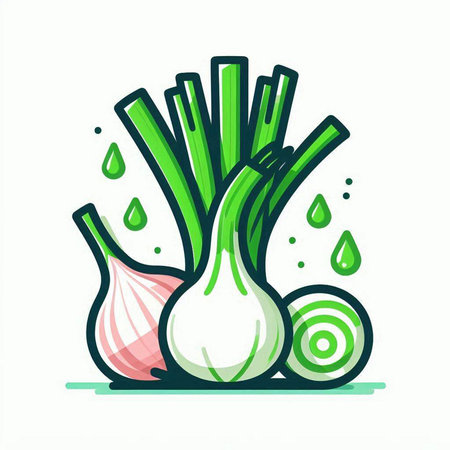 Vector illustration of fresh green onion and garlic isolated on white background.のイラスト素材