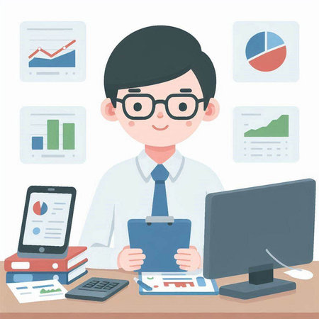 Businessman analyzing investment charts. Vector illustration in a flat style.のイラスト素材